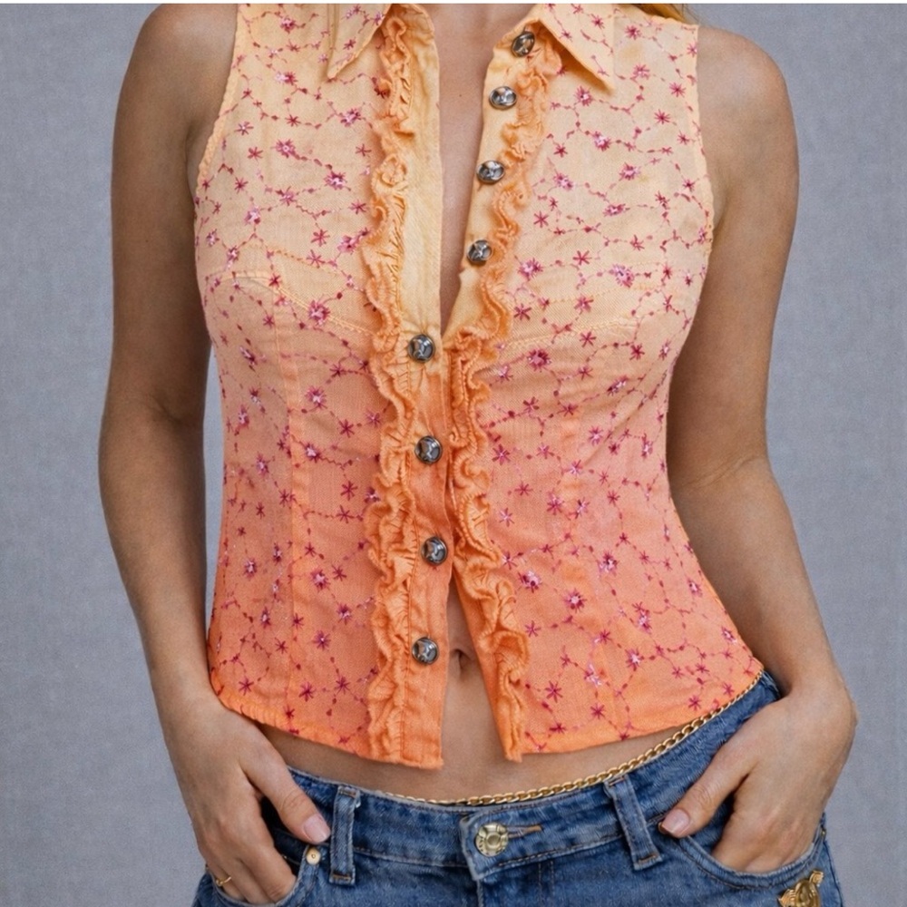 Versace Jeans Collection Peach Embroidered Ruffle Button-Down Top